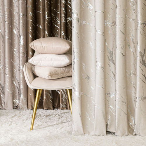Zasłona welwetowa ze srebrnym marmurowym nadrukiem, na taśmie marszczącej, kolor jasny kremowy, wysokość do 290 cm, Marma - szyta na wymiar
