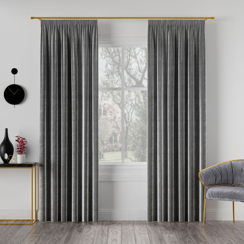 Welwetowa zasłona gotowa na taśmie Velvi, kolor ciemny szary, dostępna w kilku rozmiarach 