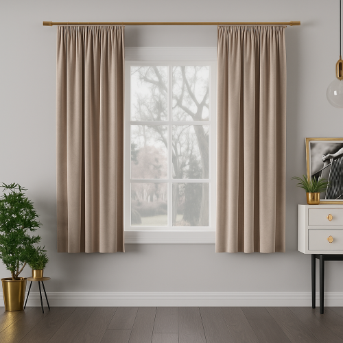 Welwetowa zasłona gotowa na taśmie Velvi, kolor szaro-beżowy, rozmiar 140x160 cm 