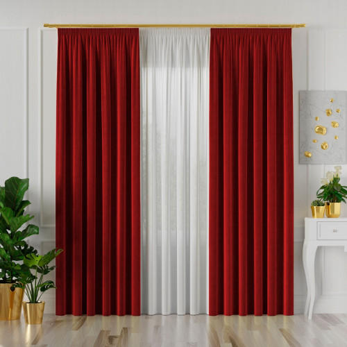 Welwetowa zasłona gotowa na taśmie Velvi, kolor czerwony, dostępna w kilku rozmiarach 