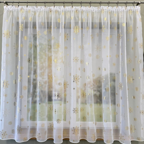 Krótka firana świąteczna gotowa woal ze złotym nadrukiem na taśmie 300x160 cm Śnieżka