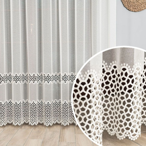 Długa nowoczesna kremowa firana z geometrycznym wzorem, wysokość 280 cm - sprzedawana na metry