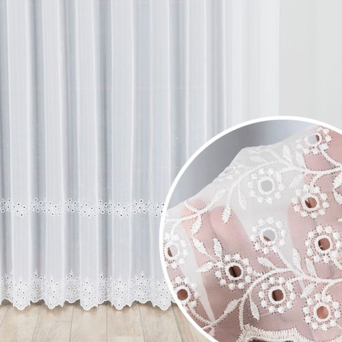 Woalowa biała, długa firana na metry z pasami delikatnego haftu, wysokość 280 cm, 112746 - sprzedawana na metry