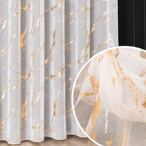 Firana do salonu, kolor biały ze złotymi zdobieniami, z ołowianką, wysokość 300 cm, Złoty marmurek - sprzedawana na metry