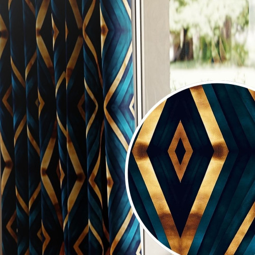 Welwetowy materiał na zasłony, drukowany ze wzorem geometrycznym, kolor granatowy, szerokość 150 cm - sprzedawany na metry