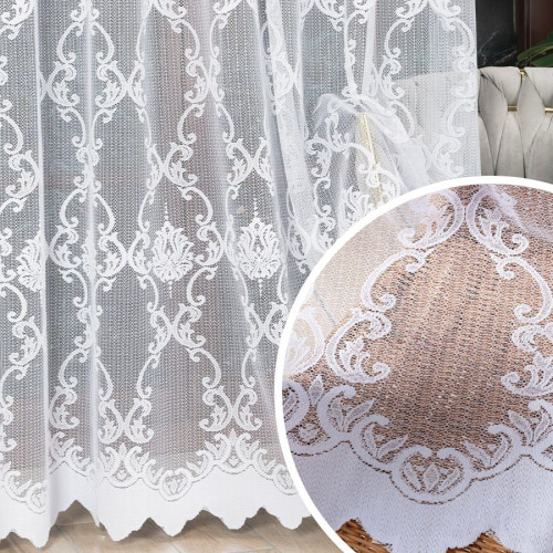 Długa firanka gotowa żakardowa ze wzorem ornamentowym, kolor biały, dostępna w kliku rozmiarach, Dilara