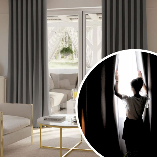 Gotowa zasłona do salonu 100% zaciemniająca na taśmie, kolor szary, rozmiar UŻYTKOWY 155x300 cm