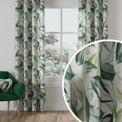 Zielona zasłona na taśmie, drukowana w liście, Peruga - szyta na wymiar