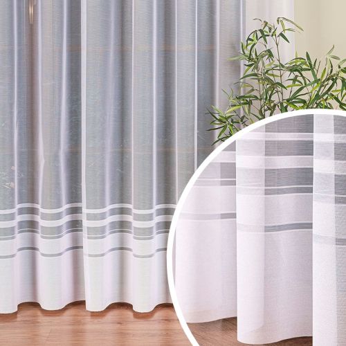 Firanka żakardowa ze wzorem pasowym na dole do salonu lub jadalni, kolor biały, wysokość 160 cm lub 250 cm - sprzedawana na metry