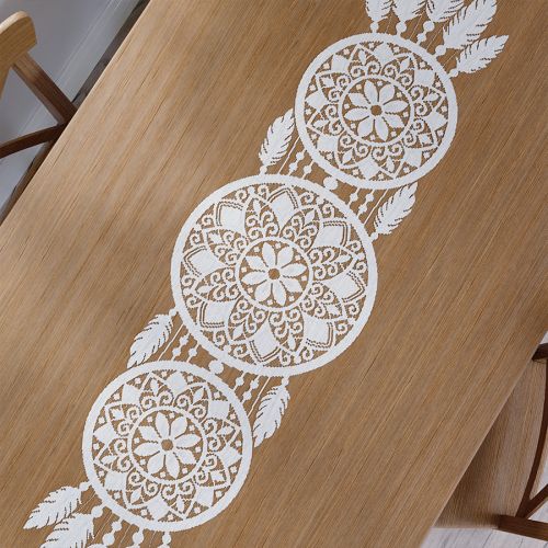 Biały bieżnik żakardowy, 36x140 cm w stylu boho, łapacz snów Alia