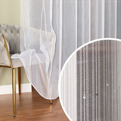 Firana gotowa biała na taśmie z drobnymi srebrnymi cekinami, wysokość 250 cm ze zbliżeniem wzoru