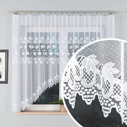 Krótka firanka żakardowa z motywem roślinnym, kolor biały, wysokość 160 cm, szerokość od 410 do 600 cm, Elżbieta