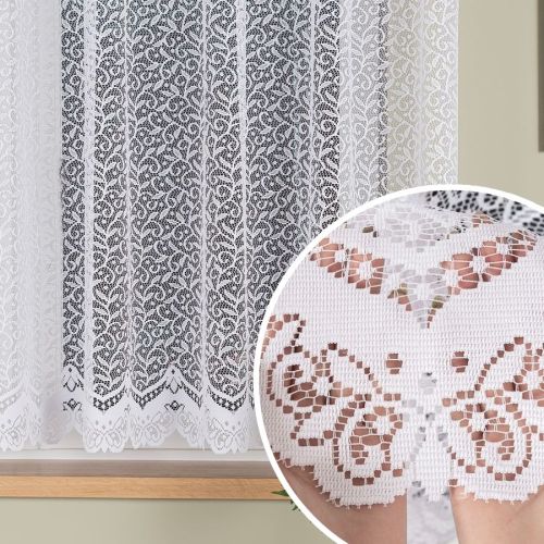 Krótka firanka żakardowa ze wzorem po całości w kolorze białym, oferowana w dwóch wysokościach: 160 i  180 cm, 004542 - sprzedawana na metry