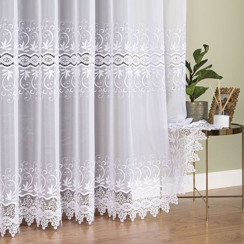 Długa elegancka firanka do salonu z aplikacją na woalu, kolor biały, wysokość 280 cm - sprzedawana na metry