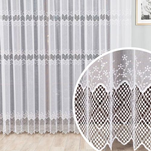 Długa firana z haftowaną aplikacją, trzy pasy, kolor biały, wysokość 250 cm - sprzedawana na metry