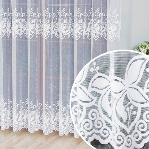 Firanka żakardowa z kwiatowym wzorem  pasowym, kolor biały, wysokość 250 cm, 018227 - sprzedawana na metry