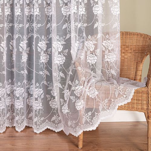 Firanka żakardowa biała z pasowym wzorem kwiatowym, wysokość 250 cm, długa – sprzedawana na metry