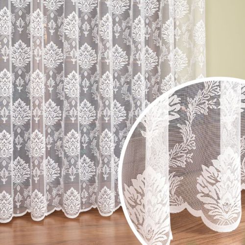 Długa firanka żakardowa z liściasto-ornamentowym wzorem, kolor biały, wysokość 250 cm - sprzedawana na metry