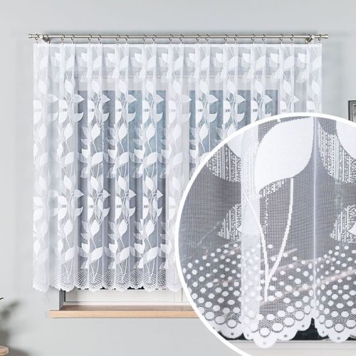 Krótka firanka żakardowa w liście do kuchni, oferowana w kilku wysokościach do 180 cm - sprzedawana na metry