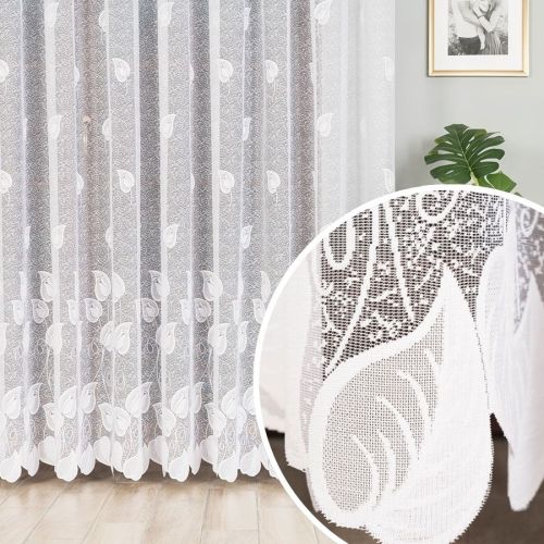 Firanka żakardowa z oryginalnym wzorem liści, kolor biały, wysokość do 230 cm, na przelotkach - szyta na wymiar