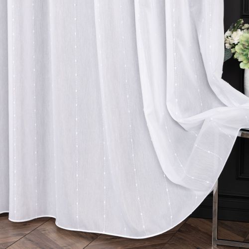 PREMIUM ALLURE Firanka z dekoracyjnym wzorem pasowym wykończona ołowianką na haczykach fleks, Ezra, kolor biały, wysokość do 280 cm - szyta na wymiar