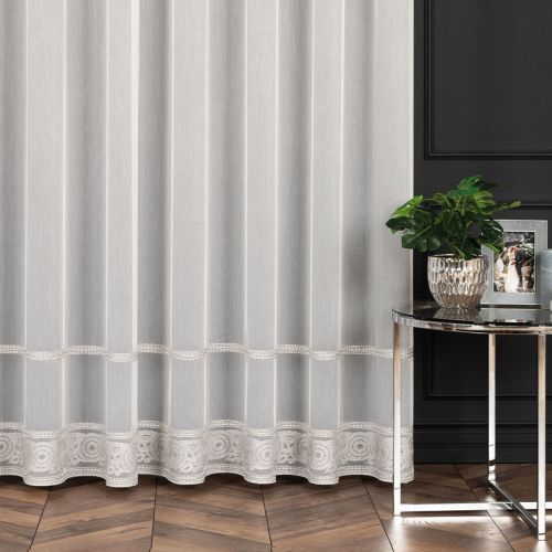 PREMIUM ALLURE Firanka do salonu na fleksach Linus, wysokość 300 cm, kolor biały ze srebrnym ozdobnym haftem - szyta na wymiar