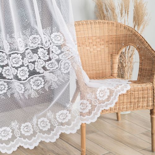 Firanka żakardowa z kwiatowym wzorem pasowym, kolor biały, wysokość 250 cm, 044136 - sprzedawana na metry