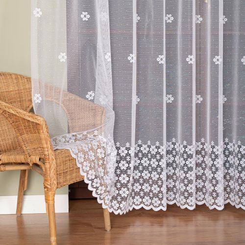 Długa firanka żakardowa z kwiatowym wzorem pasowym, kolor biały, wysokość 250 cm, Stokrotki - sprzedawana na metry
