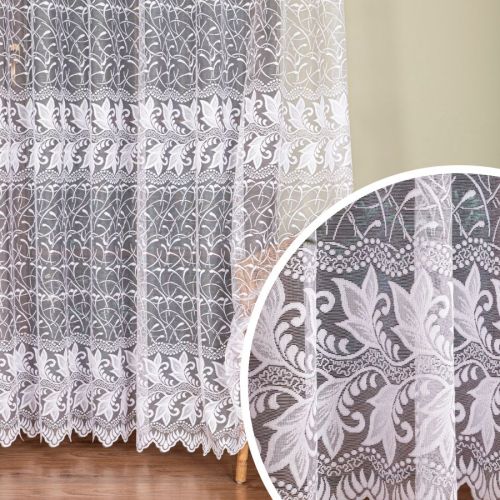 Długa firana  żakardowa do salonu z pasowym wzorem roślinnym, kolor biały, wysokość 250 cm - sprzedawana na metry