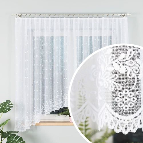 Gotowa firanka żakardowa wykończona w łuk, biała ze wzorem listków z kwiatami, oferowana w kilku rozmiarach, Karolina