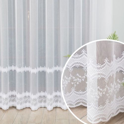 Długa haftowana firana do salonu ze wzorem pasowym, kolor biały z błyskiem, wysokość 280 cm - sprzedawana na metry