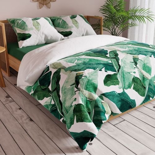 Komplet pościeli z satyny bawełnianej, wzór w zielone liście, oferowany w dwóch rozmiarach: 160 × 200 i 200 × 220 cm, Banano