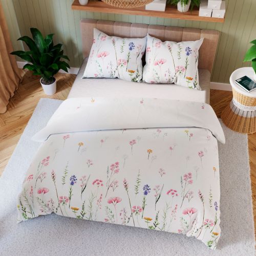 Komplet pościeli z bawełny satynowej z dwustronnym nadrukiem kwitnącej łąki, dwa rozmiary, Zalura