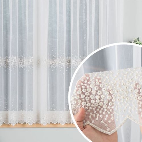 Firanka haftowana ze wzorem pasowym, kolor biały z kremową nicią, wysokość 160 cm, sprzedawana na metry