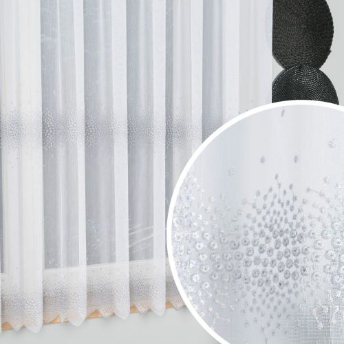 Firanka haftowana ze wzorem pasowym, kolor biały ze srebrną nicią, wysokość 160 cm, 112853 - sprzedawana na metry