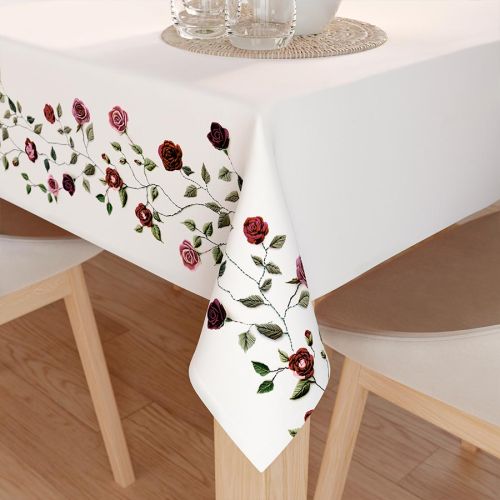 Wodoodporny materiał na obrusy biały z nadrukiem 3D szerokość 160 cm Wyszywane Różyczki - sprzedawany na metry