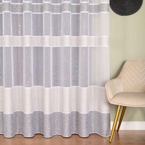 Nowoczesna firanka do salonu ze wzorem pasowym w kolorze beżowo-szarym, wysokość 300 cm - sprzedawana na metry