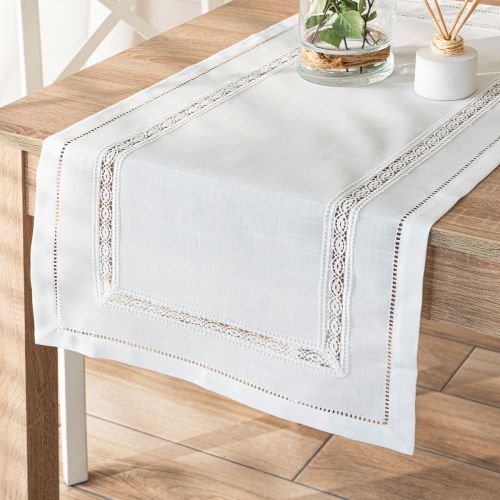Bieżnik z tkaniny strukturalnej z ozdobną gipiurą, kolor biały, kilka rozmiarów, Selvia
