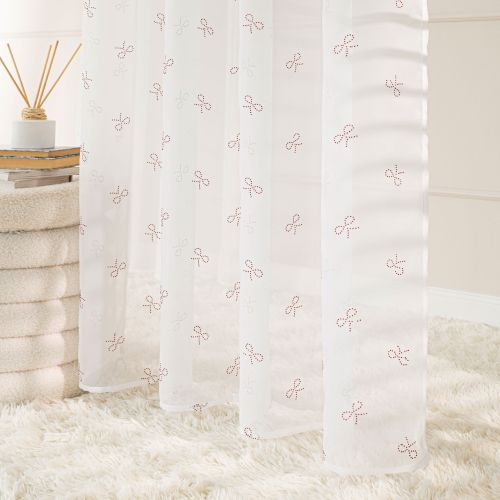 Firana do salonu na przelotkach, biały woal w diamentowe czerwone wstążki Ribbon, rozmiar 140x250 cm