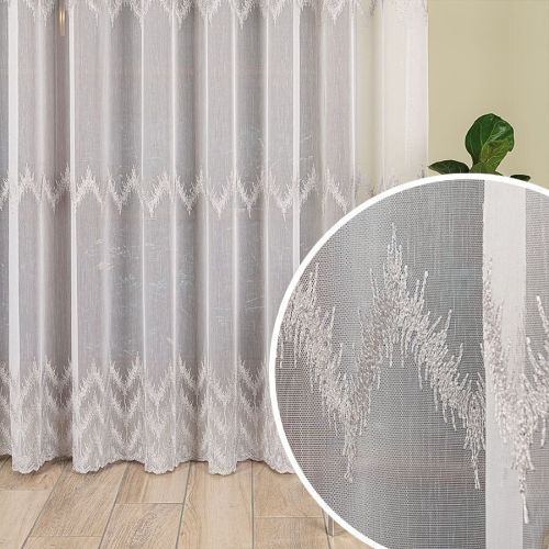 Długa firana do salonu z geometrycznym srebrnym wzorem haftu na białym tle, wysokość 280 cm - sprzedawana na metry