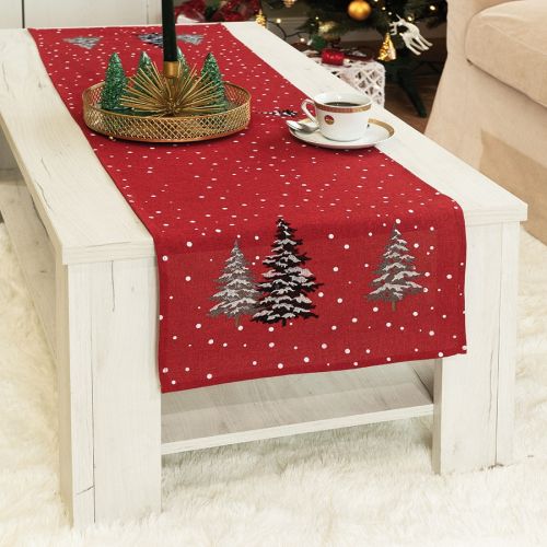 Bieżnik w kolorze czerwonym ze świątecznym haftem, rozmiar 40x140 cm, Śnieżna magia