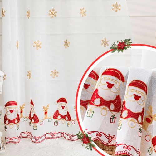 Świąteczna firana gotowa na przelotkach, biały batyst z kolorowym haftem, rozmiar 140x250 cm, Noelle