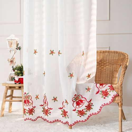 Gotowa świąteczna firana do salonu na przelotkach, biały batyst z haftem, rozmiar 140x250 cm, Holly