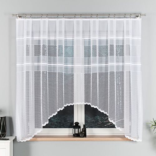 Gotowa firanka żakardowa z białymi poziomymi pasami wykończona w łuk, rozmiar 310x160 cm, Korino