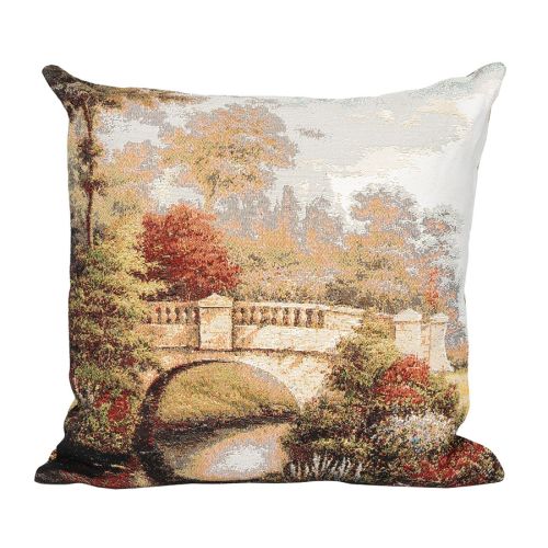 Gobelinowa poszewka dekoracyjna z wzorem sielankowego mostu, rozmiar 43x43 cm
