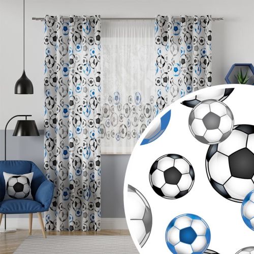 Welurowy materiał na zasłony z niebiesko-czarnym nadrukiem, szerokość 165 cm, Futbol, Piłka - sprzedawany na metry
