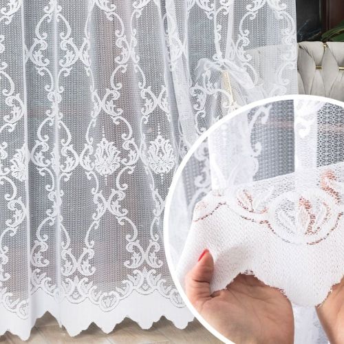 Długa firanka żakardowa do salonu ze wzorem po całości, kolor biały, wysokość 250 cm - sprzedawana na metry