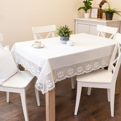 Bawełniany prostokątny obrus z ażurem, kolor biały, oferowany w kilku rozmiarach, Rachela