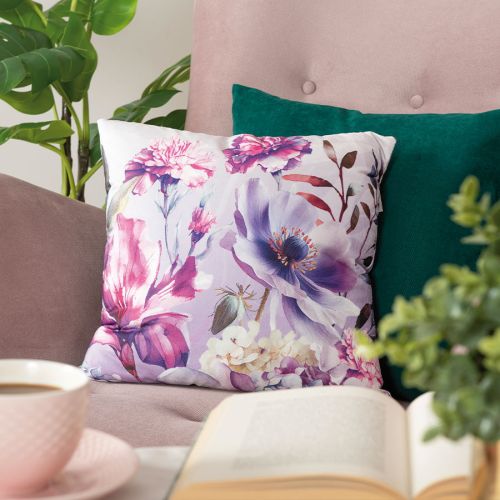 Welwetowa poszewka na poduszkę z motywem fioletowych kwiatów, rozmiar 40x40 cm, Wera