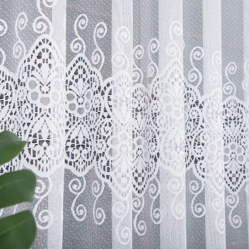 Długa firana żakardowa do salonu w kolorze białym, wzór pasowy, wysokość 250 cm, 018495 - sprzedawana na metry